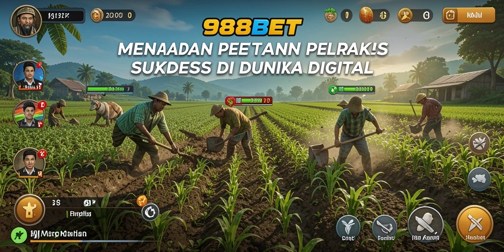 Screenshot menunjukkan petani merawat tanaman di ladang virtual.