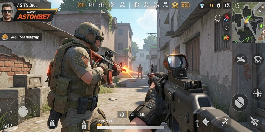 Screenshot gameplay ASTONBET yang menunjukkan aksi tembak-menembak mendebarkan.