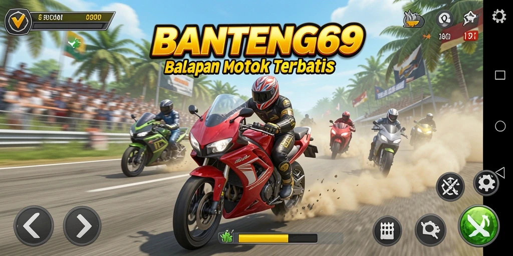 Screenshot gameplay BANTENG69 menampilkan balapan motor yang seru dan mendebarkan.