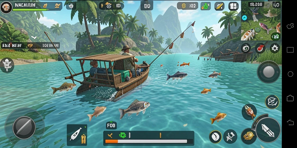 Screenshot gameplay FO8 yang menunjukkan aksi memancing yang seru.