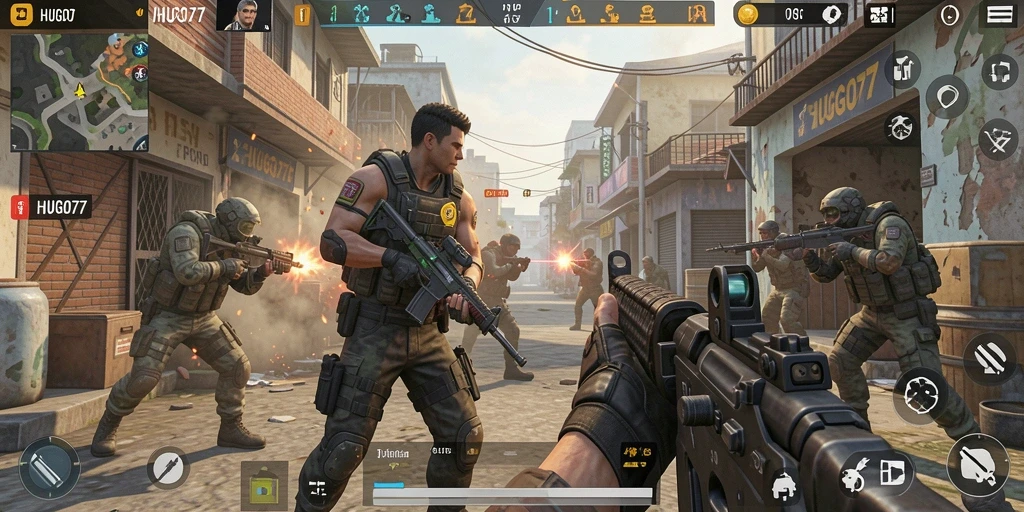 Tampilan gameplay HUGO77 yang mendebarkan dalam pertempuran FPS.