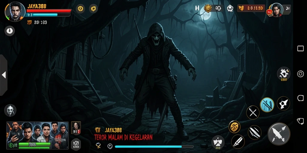 Screenshot permainan JAYA388 menampilkan momen mencekam di tengah kegelapan.