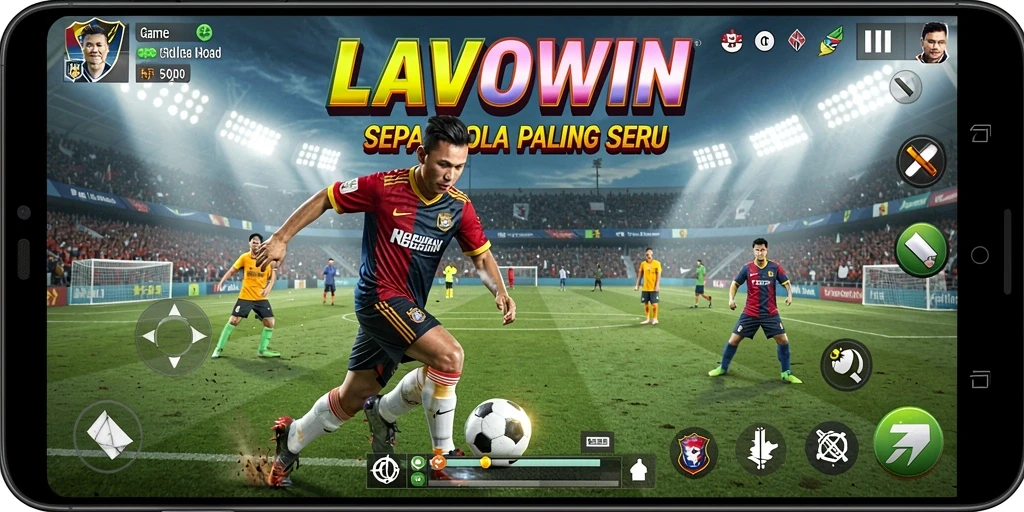 Tampilan gameplay <strong>LAVOWIN</strong> yang menegangkan saat pertandingan sepak bola.