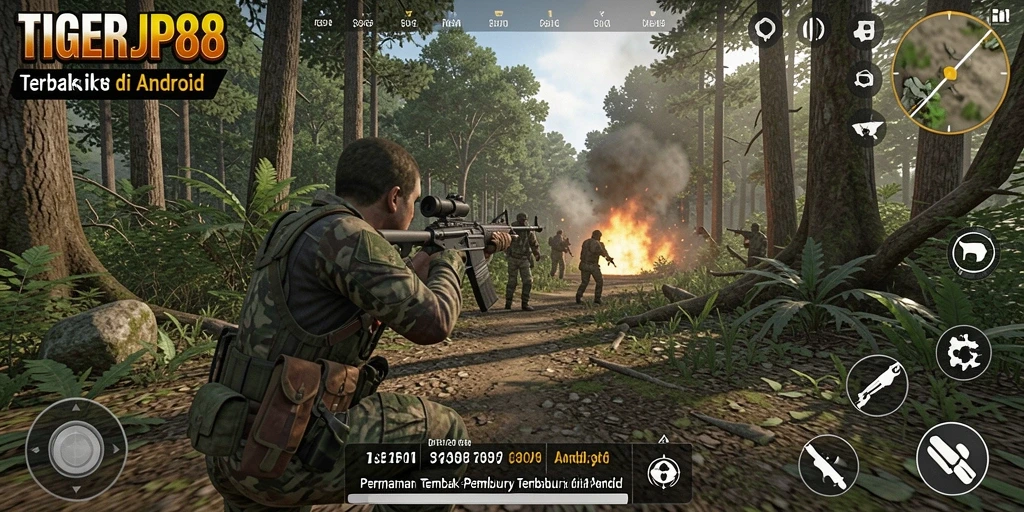 Screenshot gameplay <strong>TIGERJP88</strong> menampilkan aksi tembak-menembak yang intens.